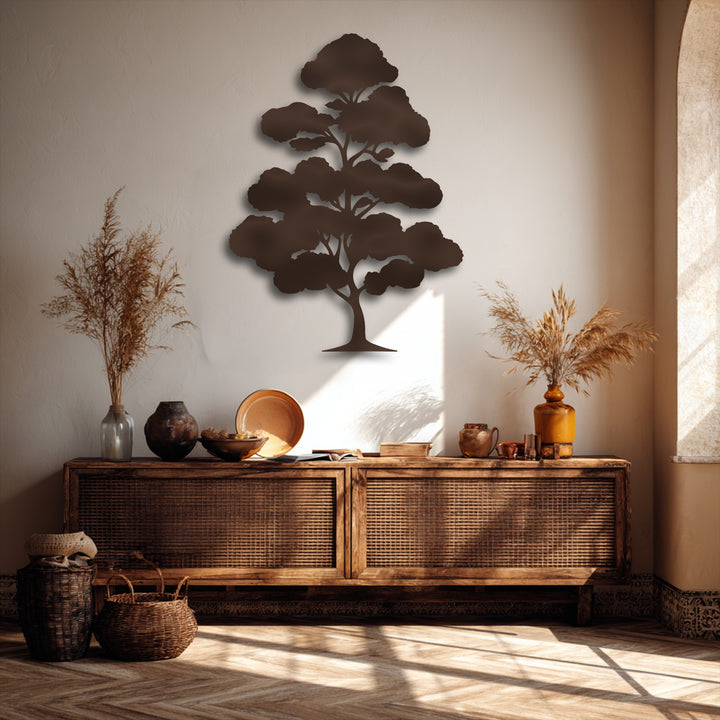 The crisp, clean edges of the Zen Bonsai Tree metal decoration wall art contrast with the ornate patterned border on the floor below.