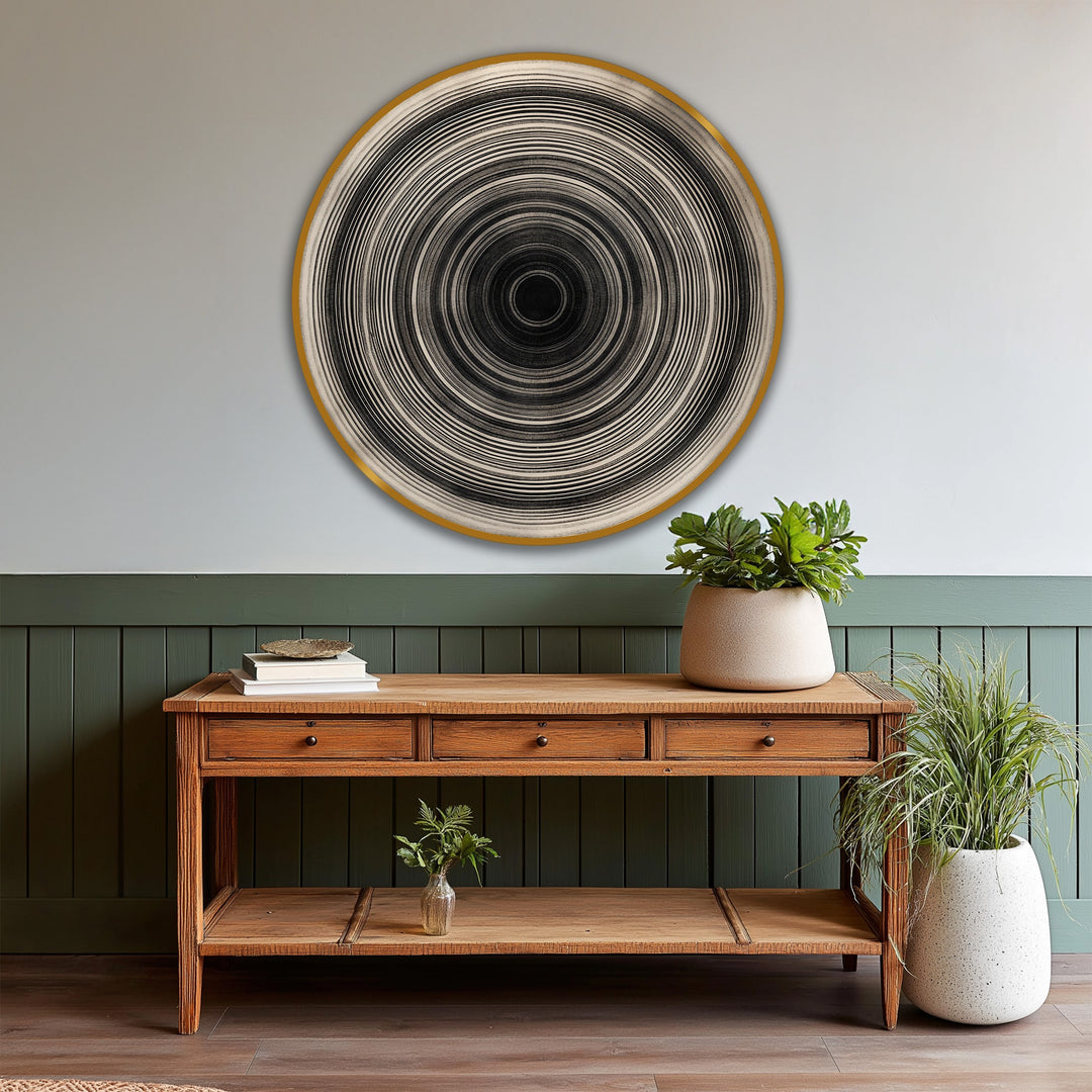 Monochrome pulse oil painting art prints prominently feature a mesmerizing, concentric circle design that's the loudest, eye-catching element in this room's decor.