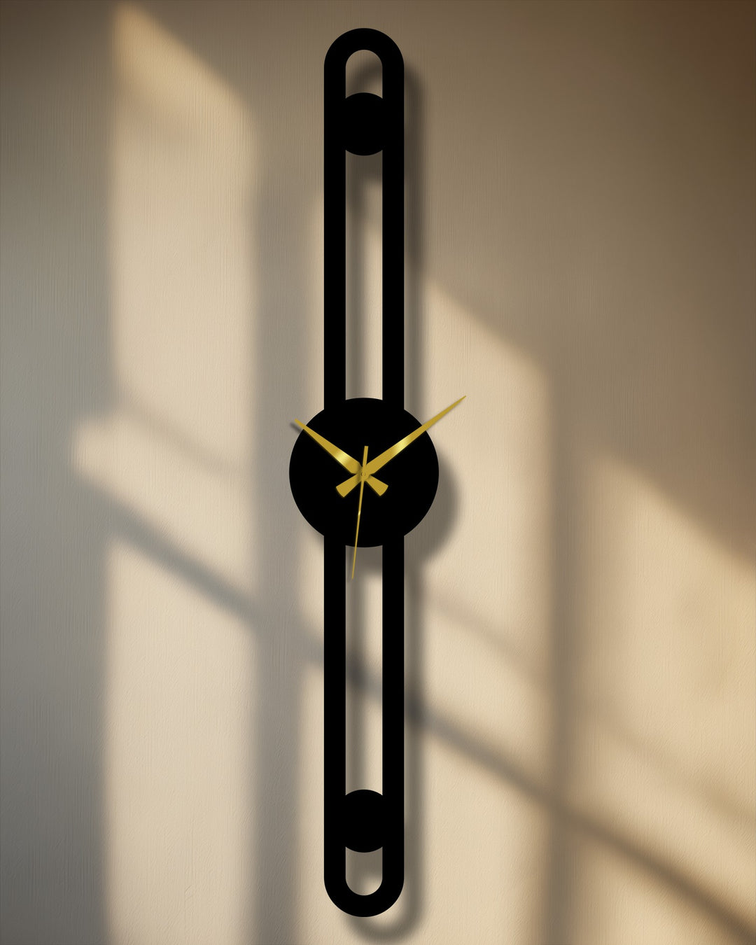 Showcasing the geometric elements of the minimalist vertical metal wall clock, this metal artwork features a slimline design with striking linear shapes and circular accents.