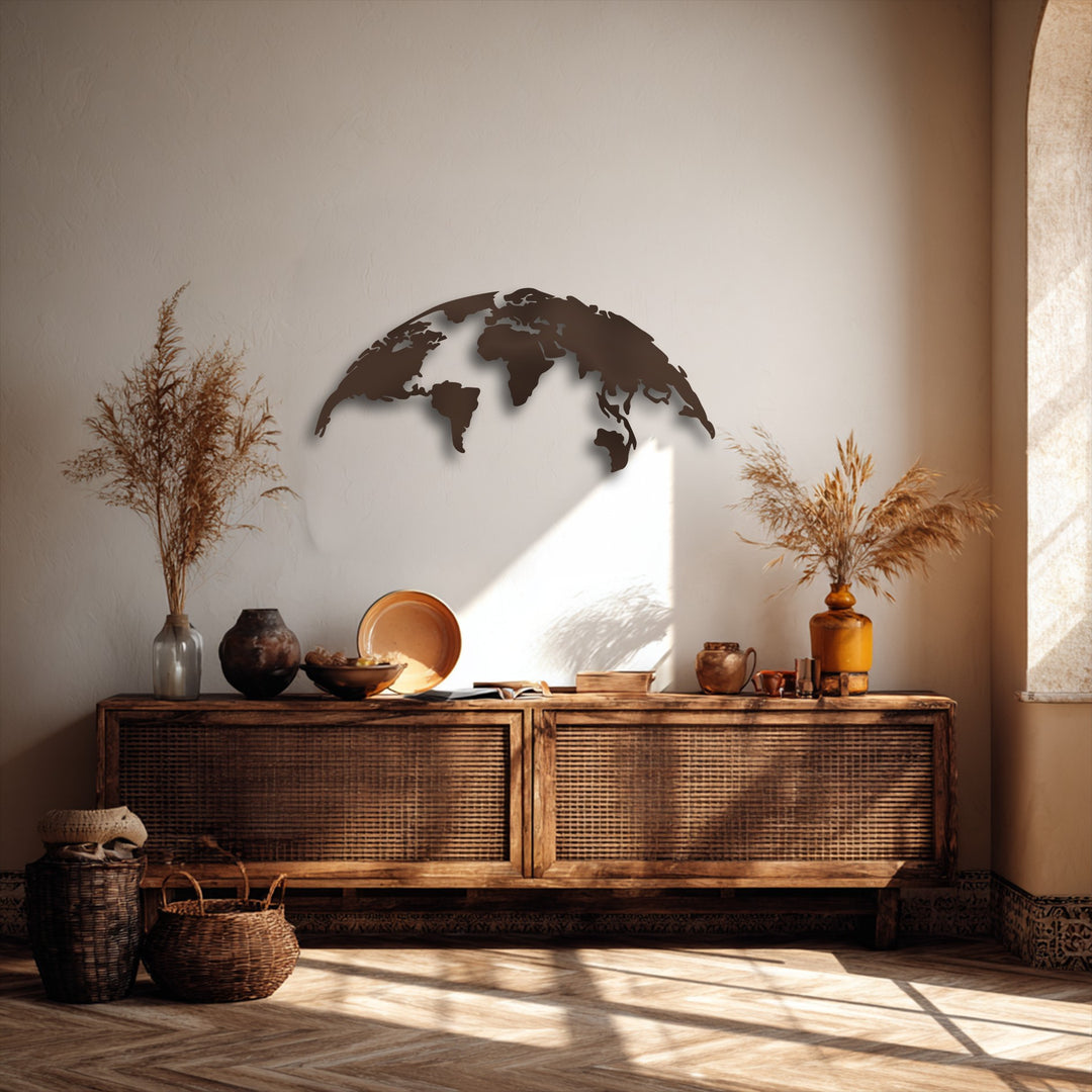 The sleek, clean edges and defined borders of the dark brown world map metal decoration wall art cast a striking shadow on the wall.