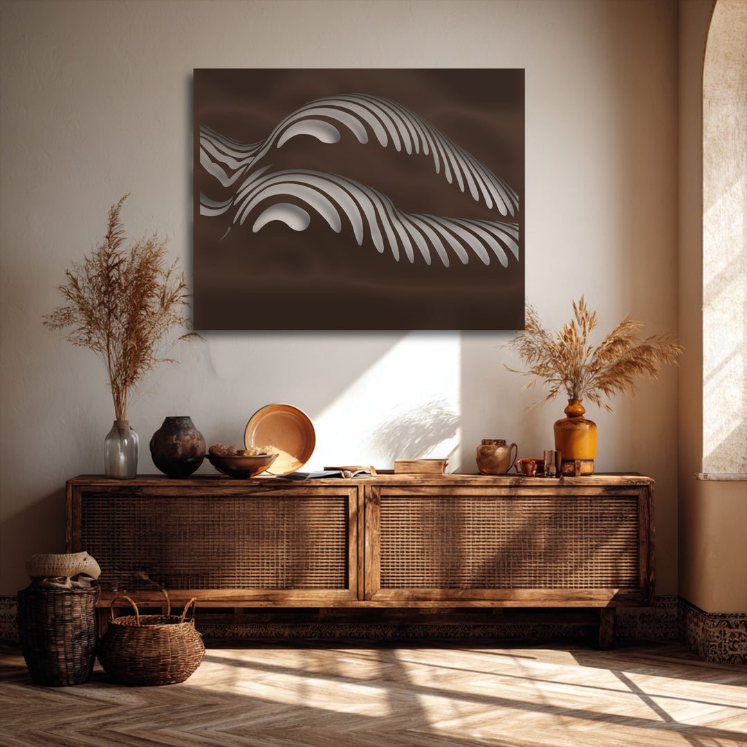 The visual rhythm of flowing, curvilinear striped forms defines this abstract wave metal art for wall, set against a warm brown backdrop.