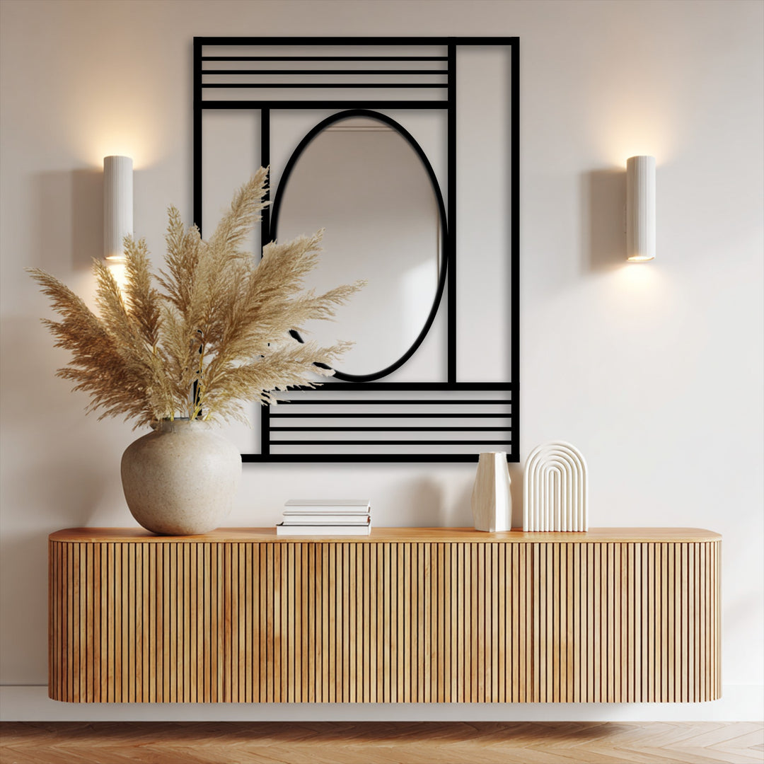 The stillness in the reflected image of this Structured Lines Balance – Geometric Oval Floor modern mirror is complemented by the decoration wall art and minimalist console.