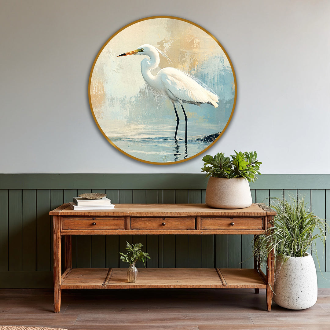 Exquisite oil painting art piece showcases a premium canvas roundel displaying a white egret, boasting luxurious texture and masterful brushstrokes that enhance its coastal charm.