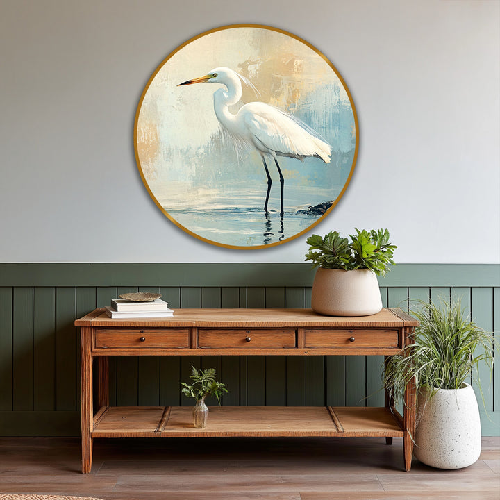 Exquisite oil painting art piece showcases a premium canvas roundel displaying a white egret, boasting luxurious texture and masterful brushstrokes that enhance its coastal charm.