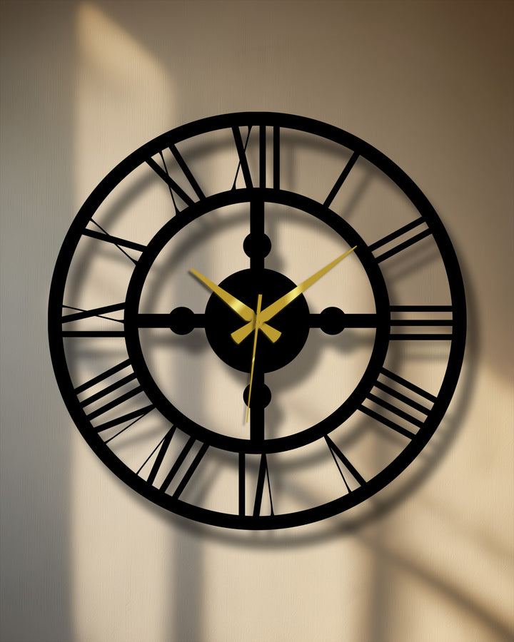 Foreground reveals the intricate details of the industrial roman numeral metal art for wall clock, with its stylish gears and gold hands catching the light.