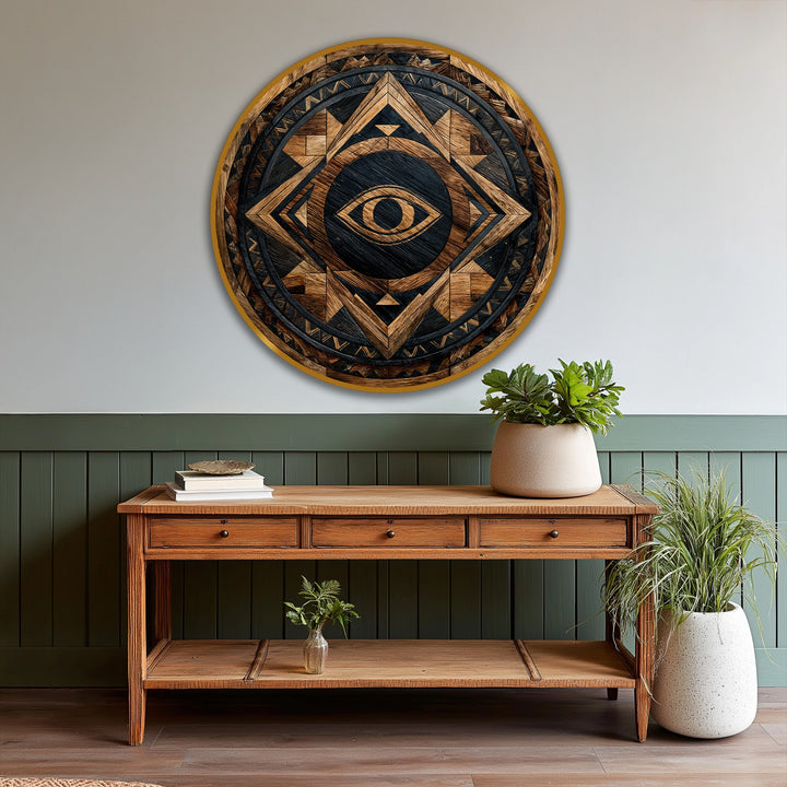 Featuring strong geometric elements, the Tribal Guardian Eye round oil painting artwork presents a rustic, geometric design with a symbolic eye as its focal point.