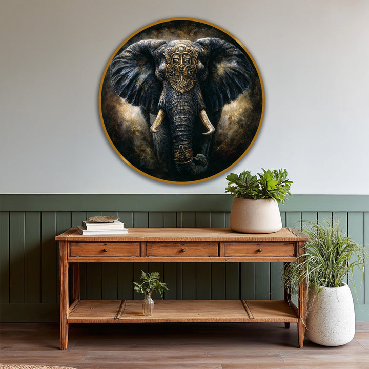 High color saturation defines the regal, round oil painting art piece depicting a royal guardian elephant with a dark, majestic presence and ornate tribal mask.