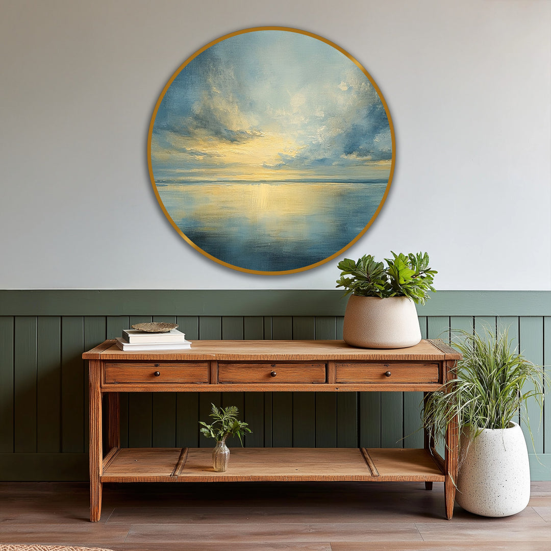 Visible brushstrokes and layering create a rich surface texture, giving depth to this Golden Stillness round oil painting home decor depicting a tranquil sea horizon.
