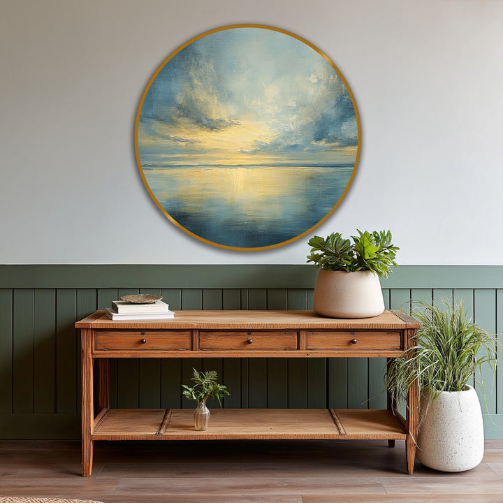 Visible brushstrokes and layering create a rich surface texture, giving depth to this Golden Stillness round oil painting home decor depicting a tranquil sea horizon.