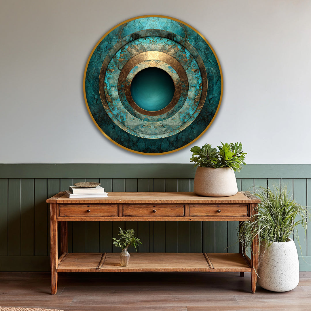 Golden edges define the concentric borders of this turquoise depth abstract round, showcasing modern oil painting art on wood.