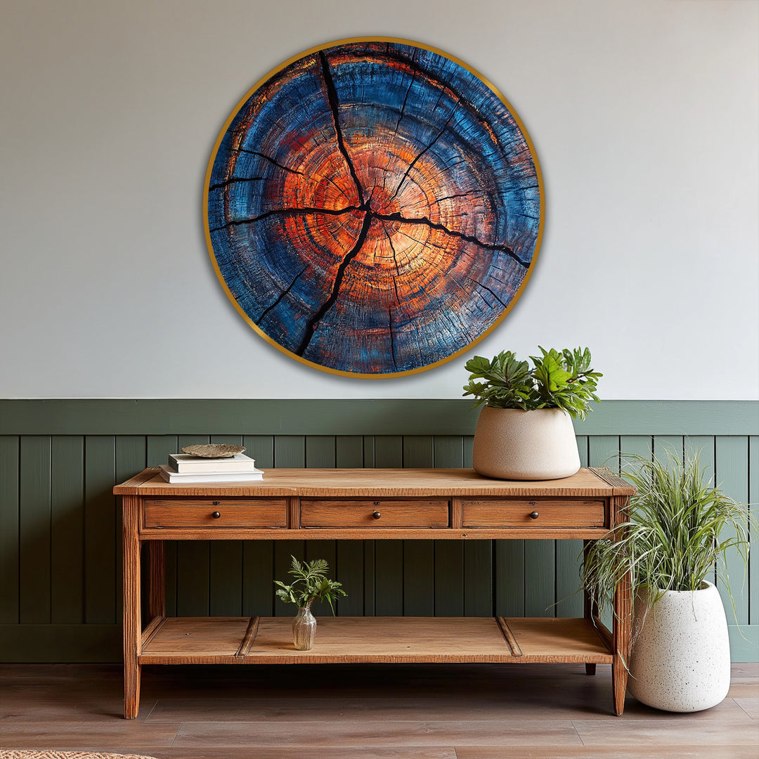 Intense color saturation enhances the fiery orange and deep blue hues of this abstract wood ring oil painting artwork, creating a mesmerizing visual effect.