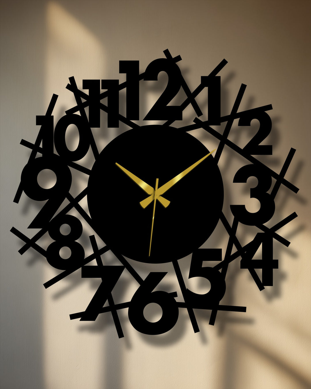 Warm color temperature highlights the contemporary metal wall decor of this abstract number wall clock, with its chaotic yet stylish design and gold hands.