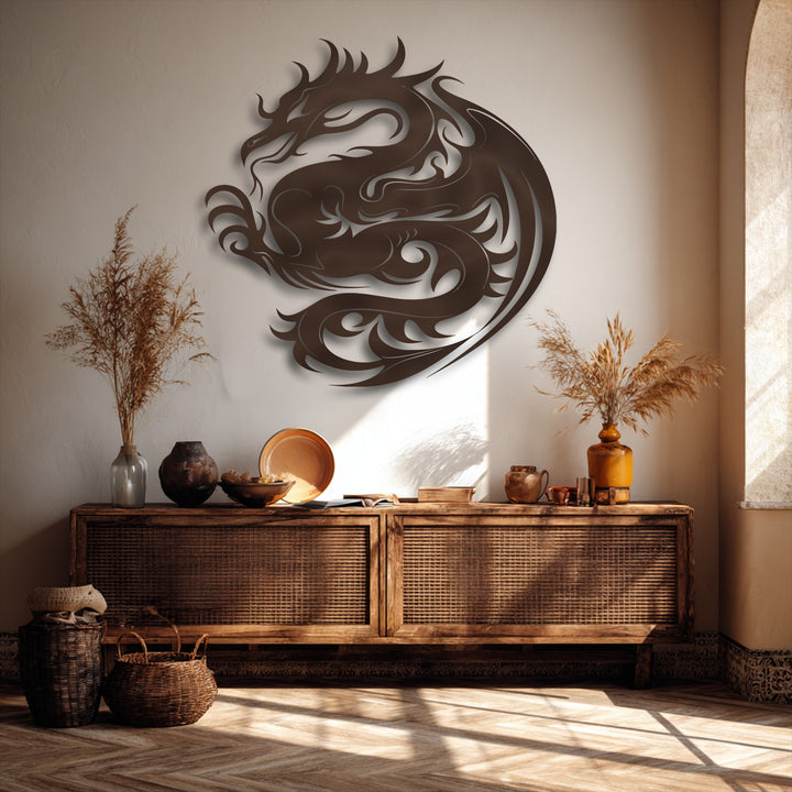 The strong color contrast highlights a dark bronze mythical dragon metal wall decor against a warm, light neutral background.