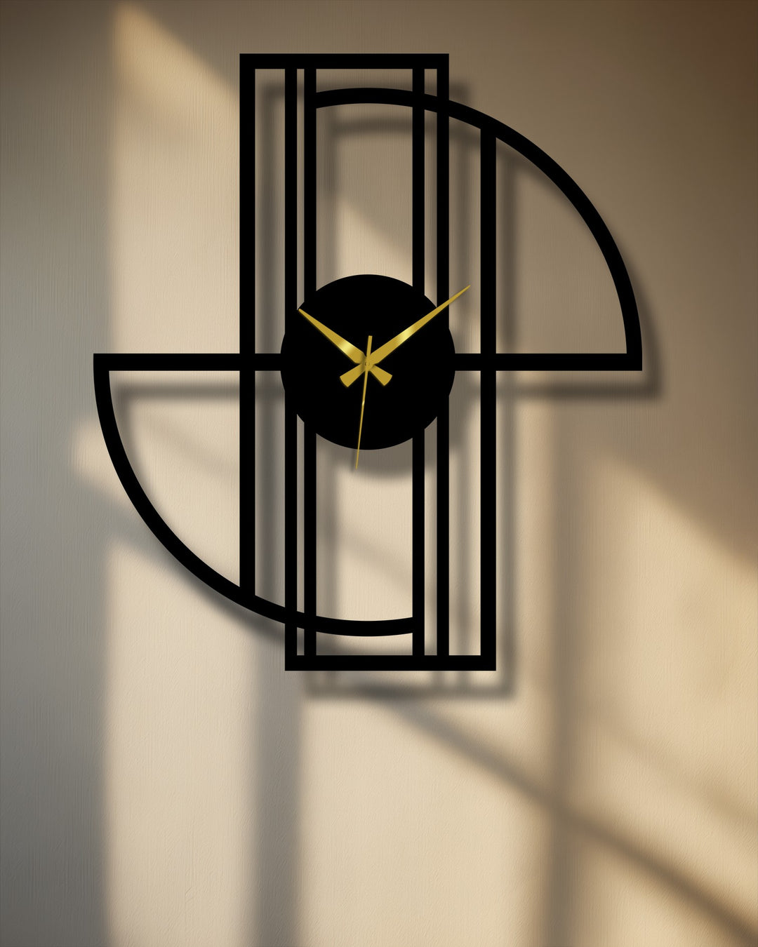 Sunlit wall offers a subtle backdrop to this geometric frame metal wall clock, showcasing the minimalist decoration wall art and modern design.