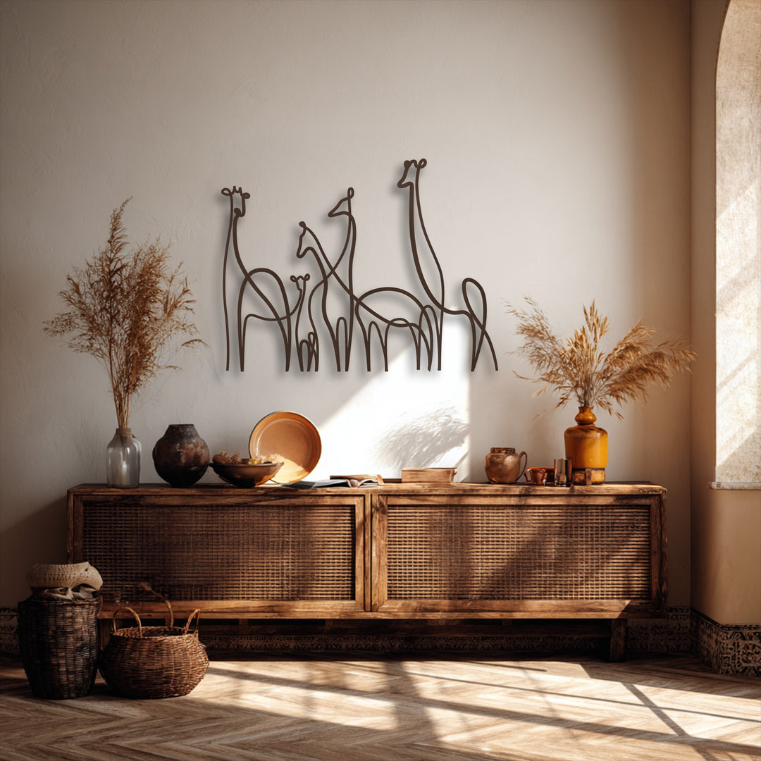 Showcasing exceptional material quality, this durable giraffe family line art metal artwork offers a sleek, dark and enduring finish.