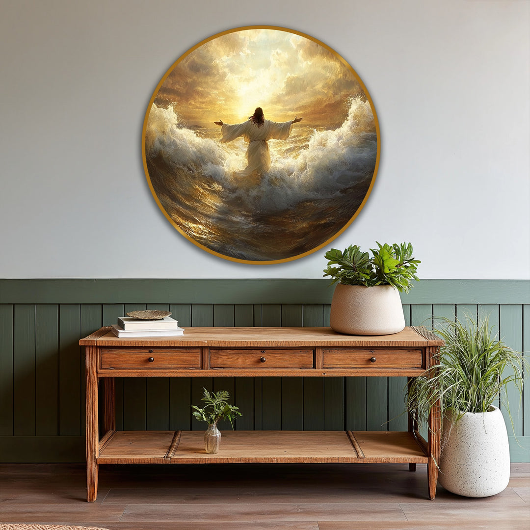 Wooden console table below a round, framed oil painting artwork featuring a figure amidst golden, stylized waves beneath a radiant, sunlit sky.