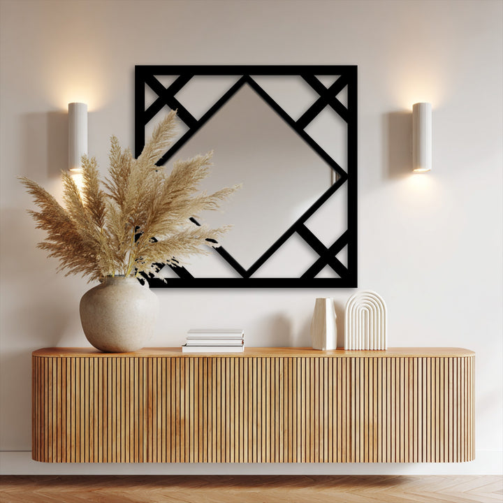 Diagonal lines generate visual momentum in this geometric framed wall mirror, an eye-catching modern accent.