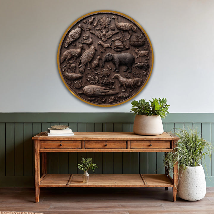 Organic forms dominate this wildlife relief round oil painting wall art, showcasing intricate animal carvings in a rustic, naturally shaped design.
