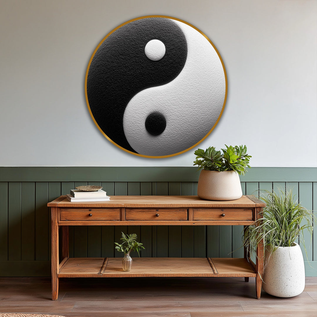 Circular oil painting wall art featuring a horizontal Yin Yang design embodies a sense of balance and harmony.