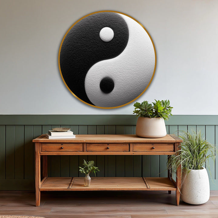 Circular oil painting wall art featuring a horizontal Yin Yang design embodies a sense of balance and harmony.