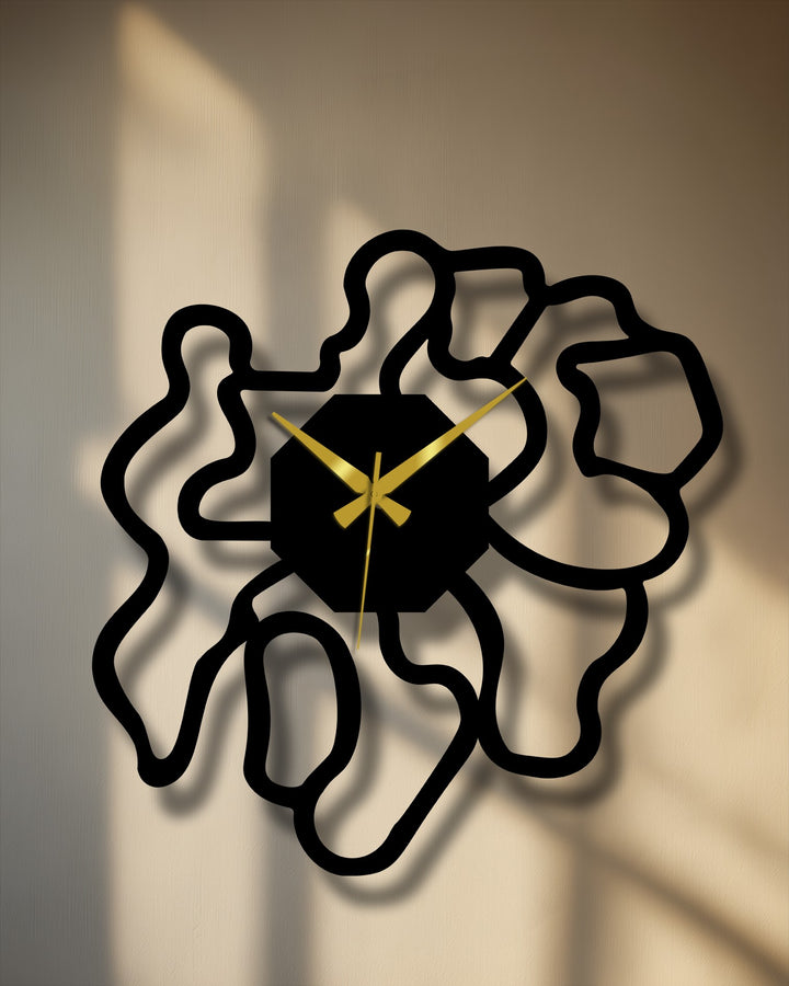 Dramatic light and shadow accentuate the modern abstract metal wall clock's organic shape, creating a striking decoration wall art piece.