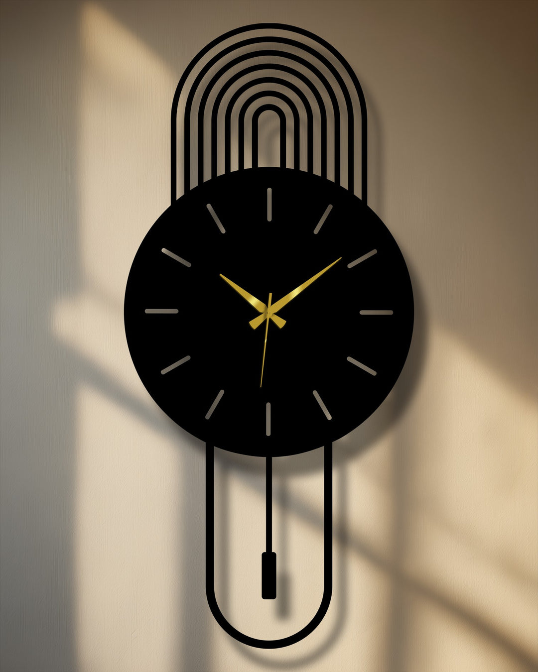 Dramatic color contrast highlights the black metal artwork of this modern arc wall clock with its minimalist pendulum design.