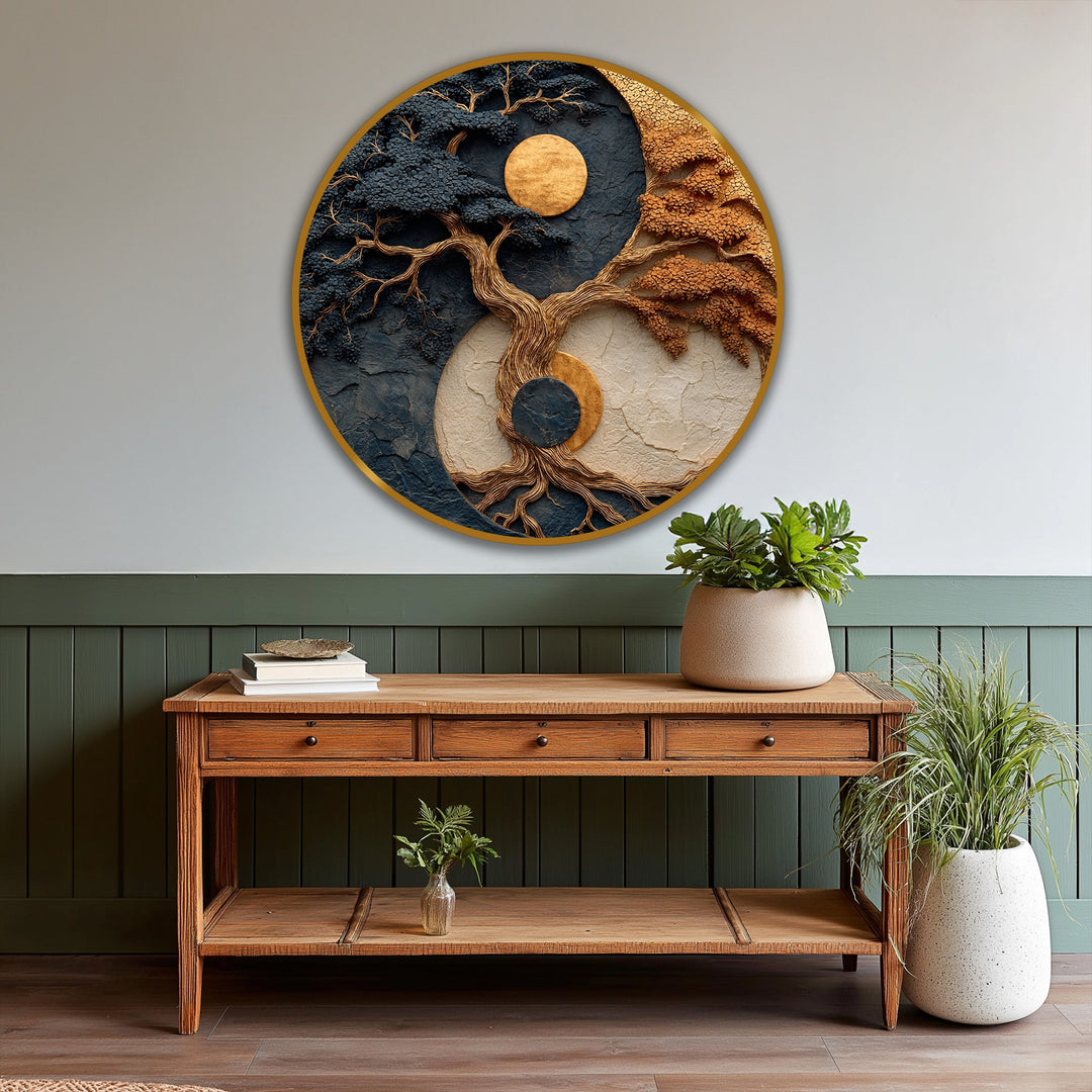 The stillness of the balanced tree in this abstract oil painting home decor artwork is captured in the circular design and earthy color palette.