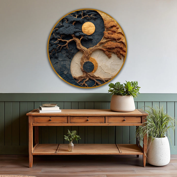 The stillness of the balanced tree in this abstract oil painting home decor artwork is captured in the circular design and earthy color palette.