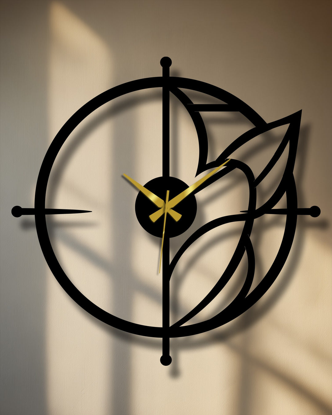Showcasing the abstract quality of the metal wall clock, a unique metal wall art design uses circular and leaf elements for modern botanical charm.