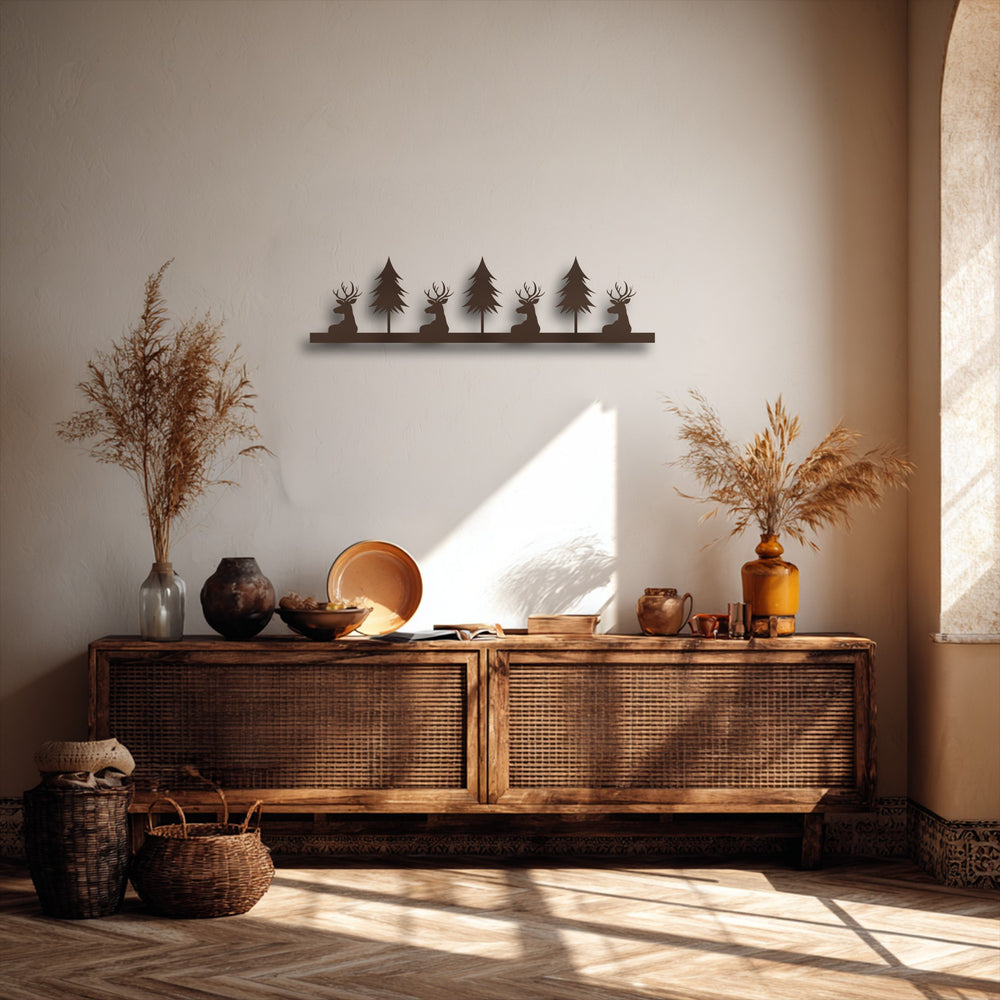 The organic forms of dried botanicals, wicker baskets, and a rustic deer and pine forest metal art for wall create a natural panorama.