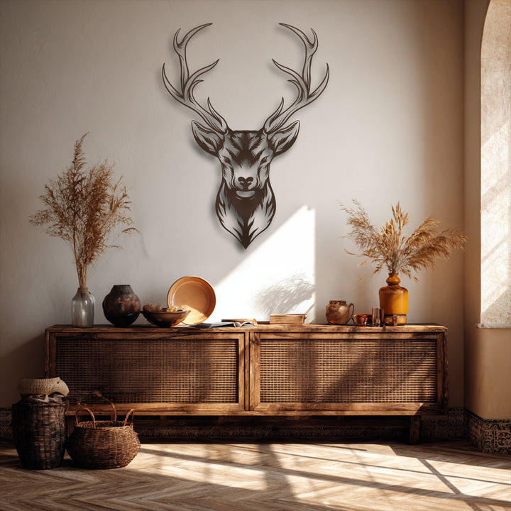 The realistic detail of the majestic deer head metal wall decor showcases every intricate line of its powerful antler design.