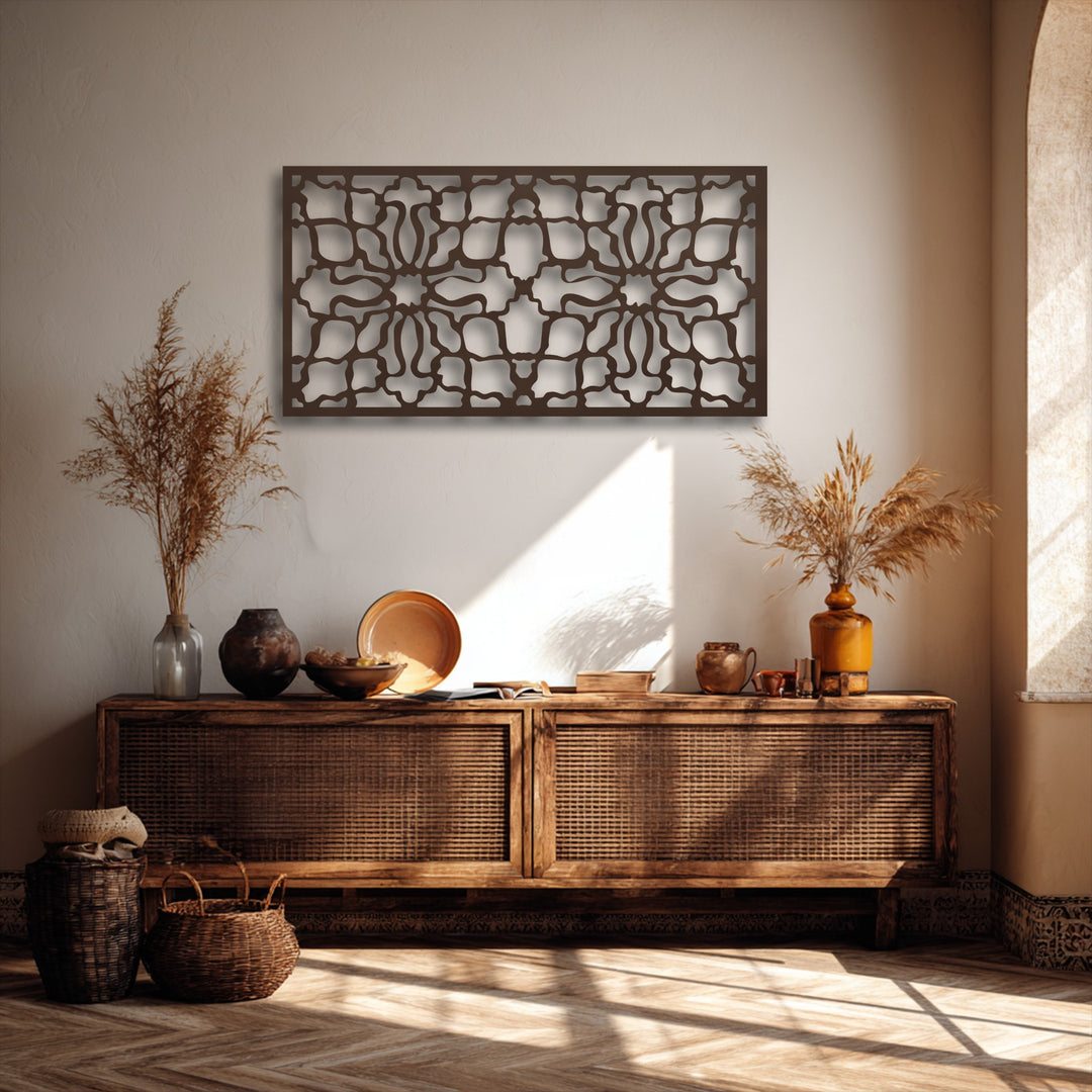 The distinct dark brown edges and borders of the ornamental geometric pattern metal artwork create a striking decorative panel.