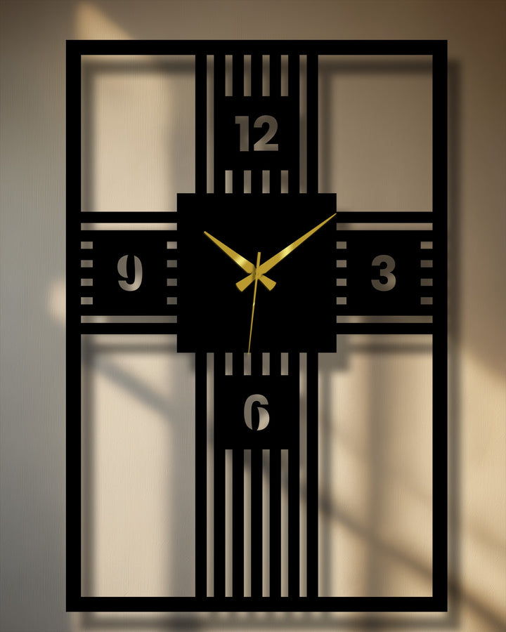 Highlighting the foreground, the modern cross geometry metal art for wall clock showcases a bold, geometric design with sleek lines and gold hands.
