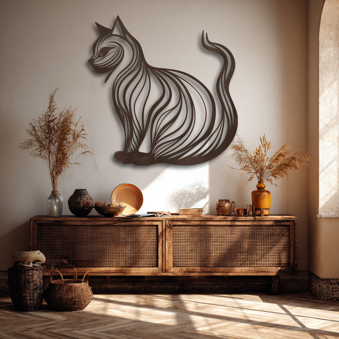 The elegant cat silhouette in this decorative metal art displays flowing, wavy lines that suggest dynamic movement, enhancing a modern minimalist aesthetic.