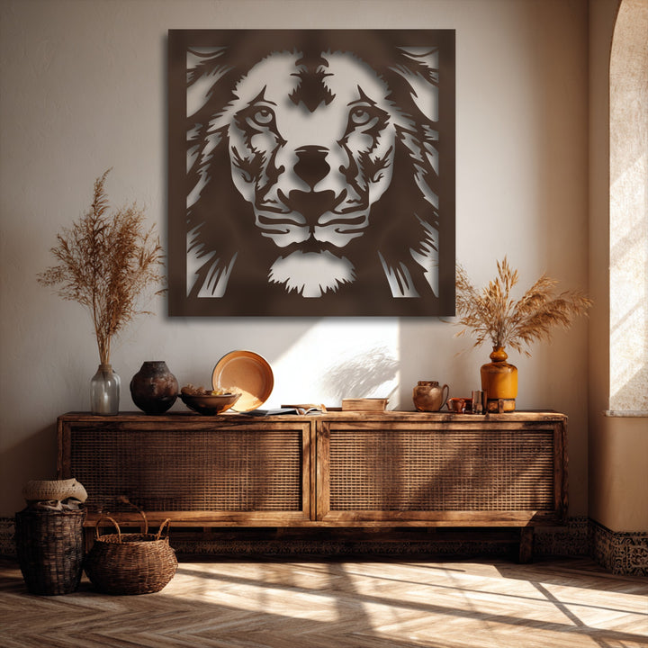 The organic forms of the lion's flowing mane and dried botanicals enhance this striking metal art for wall.