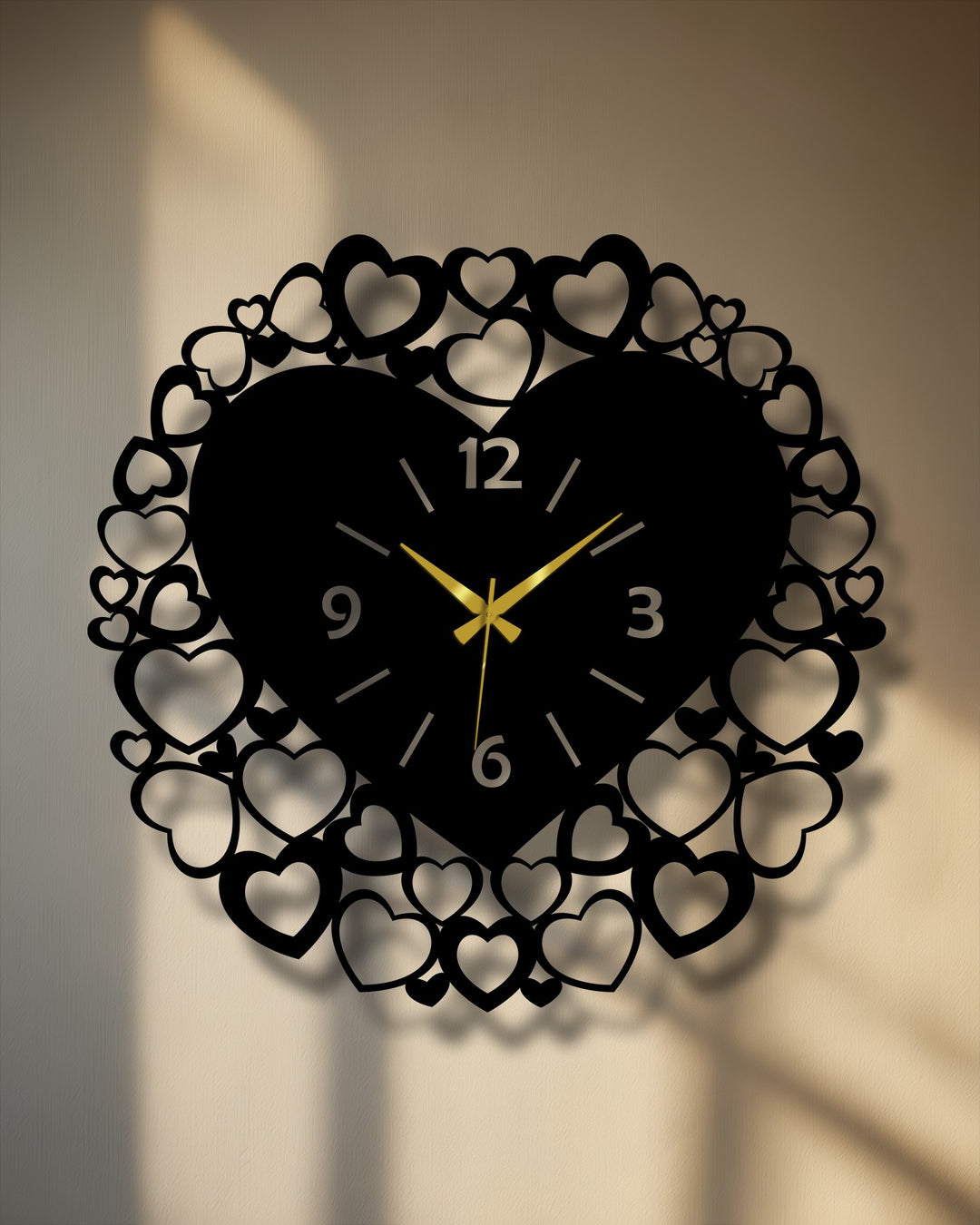 The softest light and shadow play gently across the textured wall, highlighting the intricate heart frame decorative metal art wall clock.