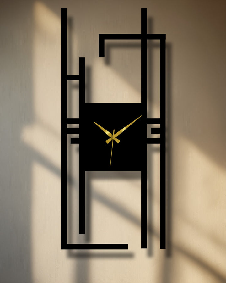 Observing the organic forms of a modern vertical metal wall clock, a unique piece of metal wall decor showcasing an abstract geometric design.