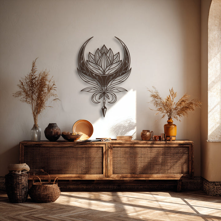 Dried pampas grass offers a delicate contrast to the elegant Celestial Lotus Emblem decorative metal art, enhancing the room's serene ambiance.