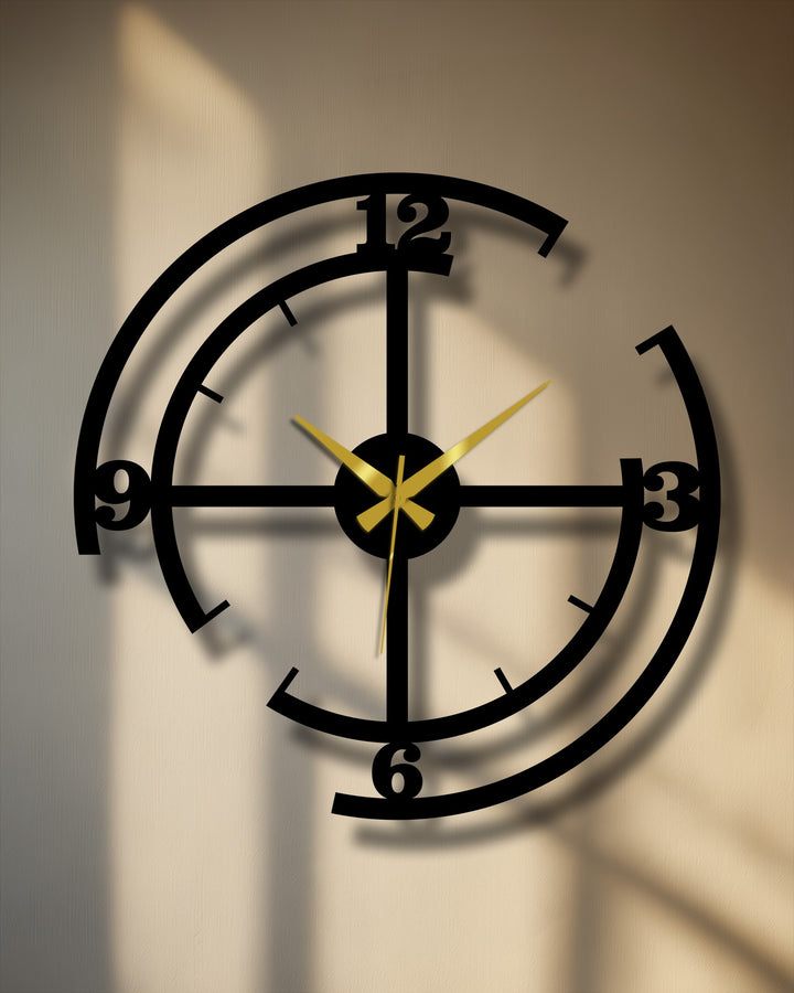 Black dominates this geometric metal artwork wall clock, a minimalist decorative timepiece with gold hands adding a touch of subtle contrast.