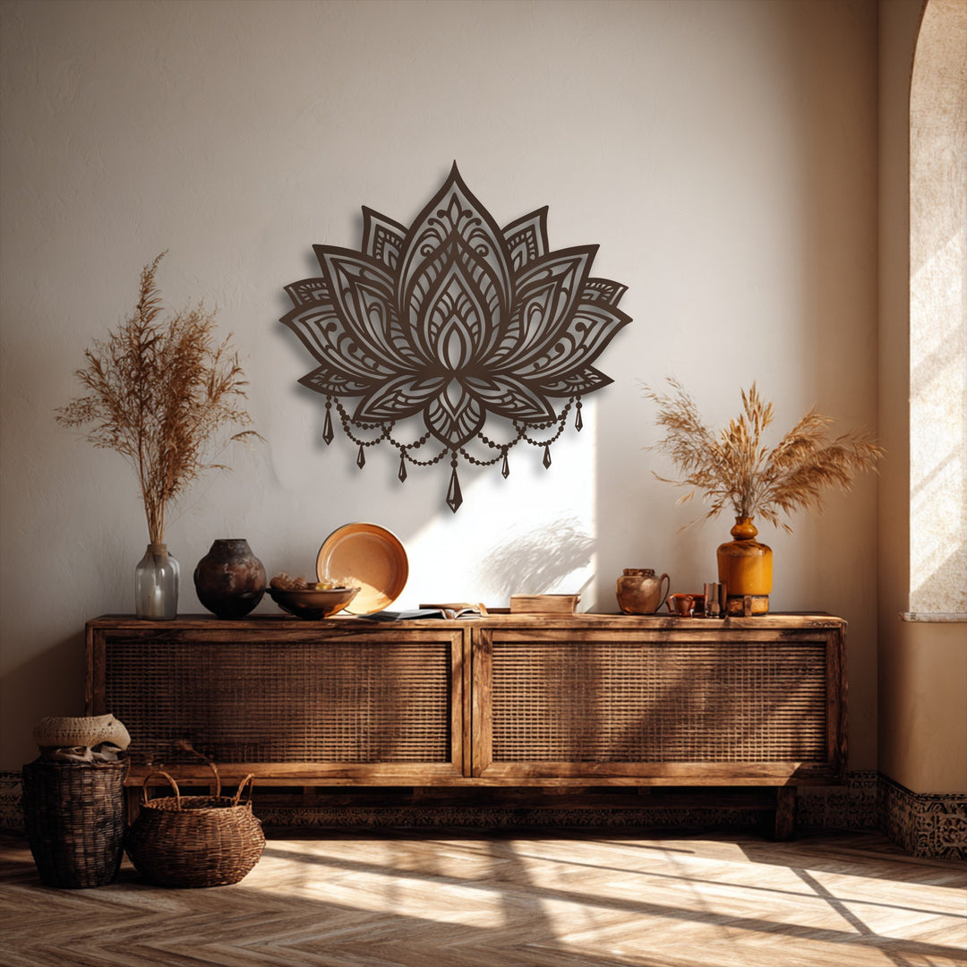 With compelling depth and intricate layers, the decorative metal art, an ornate lotus mandala, casts dynamic shadows against the inviting wall.