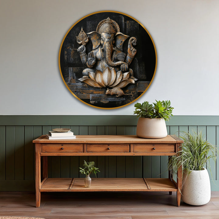 The Ganesha, the focal point of this modern oil painting art, is seated on a lotus with a mouse, framed by a golden circle.