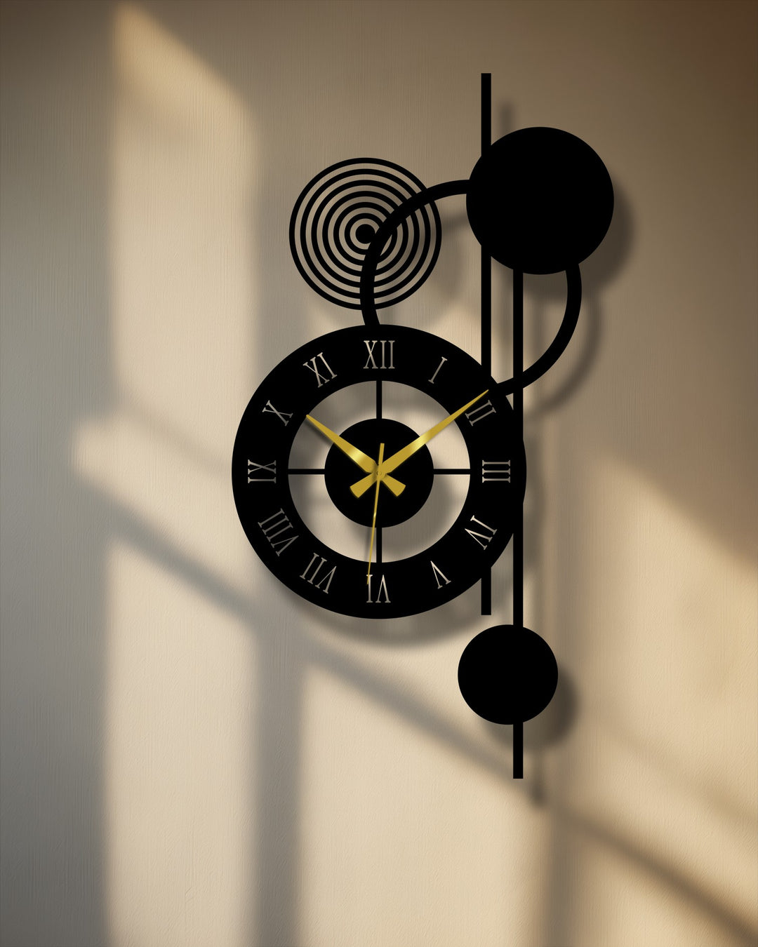 Low color saturation highlights the black metal artwork and geometric details of this modern Orbit Roman numeral wall clock.
