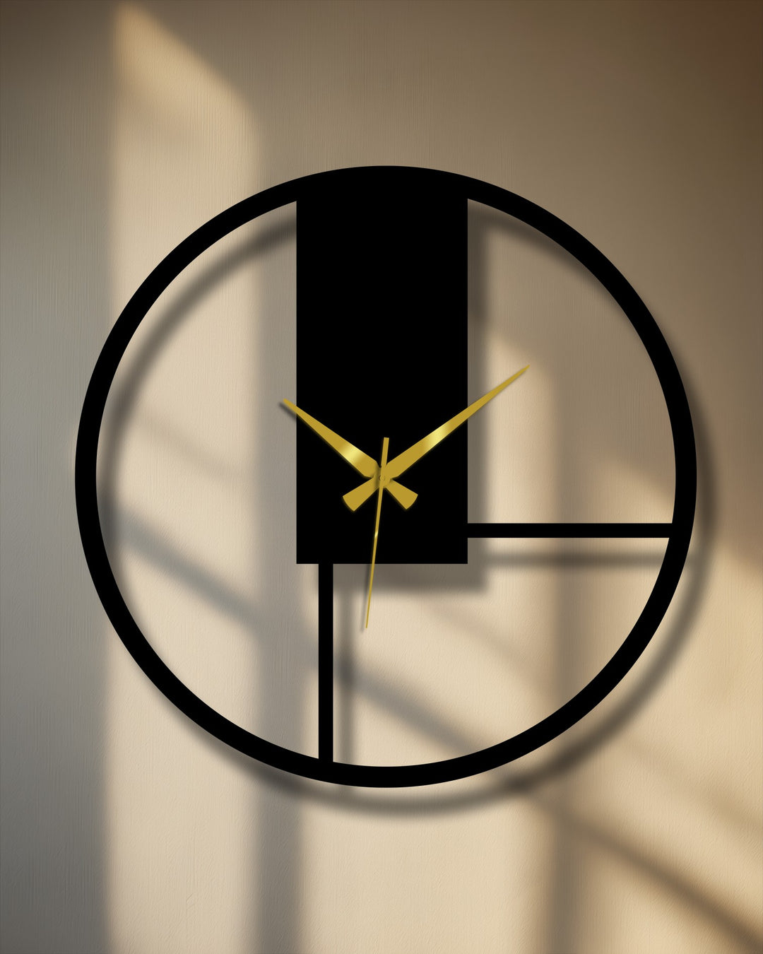 Striking color contrast defines this minimal geometric metal wall clock with its black frame and gold hands, creating a modern metal wall decor piece.