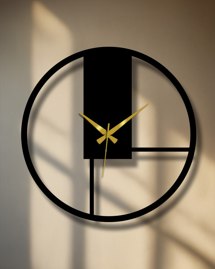 Striking color contrast defines this minimal geometric metal wall clock with its black frame and gold hands, creating a modern metal wall decor piece.