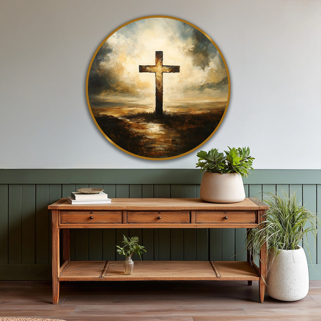 The darkest area emphasizes the somber tones in this round oil painting, highlighting the contrast that gives depth to the modern oil painting art of a radiant cross.