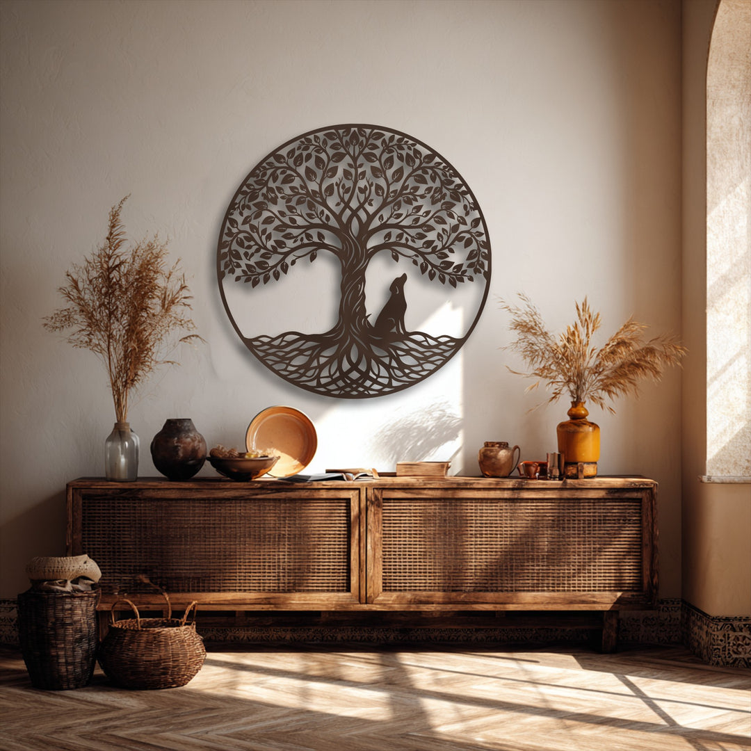 Fluid shadows dance across the wall, highlighting the intricate, flowing unique metal wall art of the Tree of Life with a wolf.