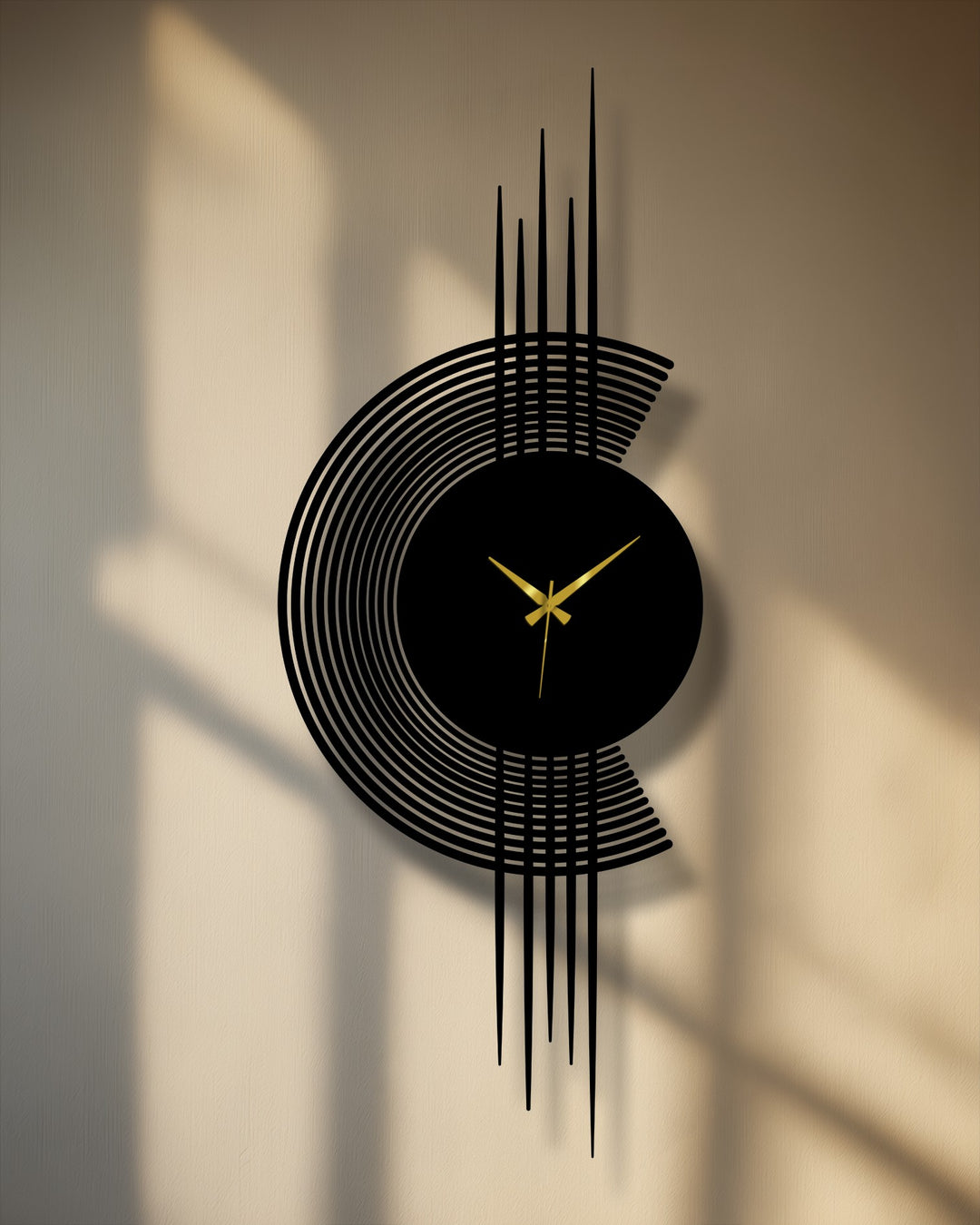 Depth and layers are created by the arc lines and vertical design of this modern metal artwork wall clock, adding visual interest to its minimalist style.