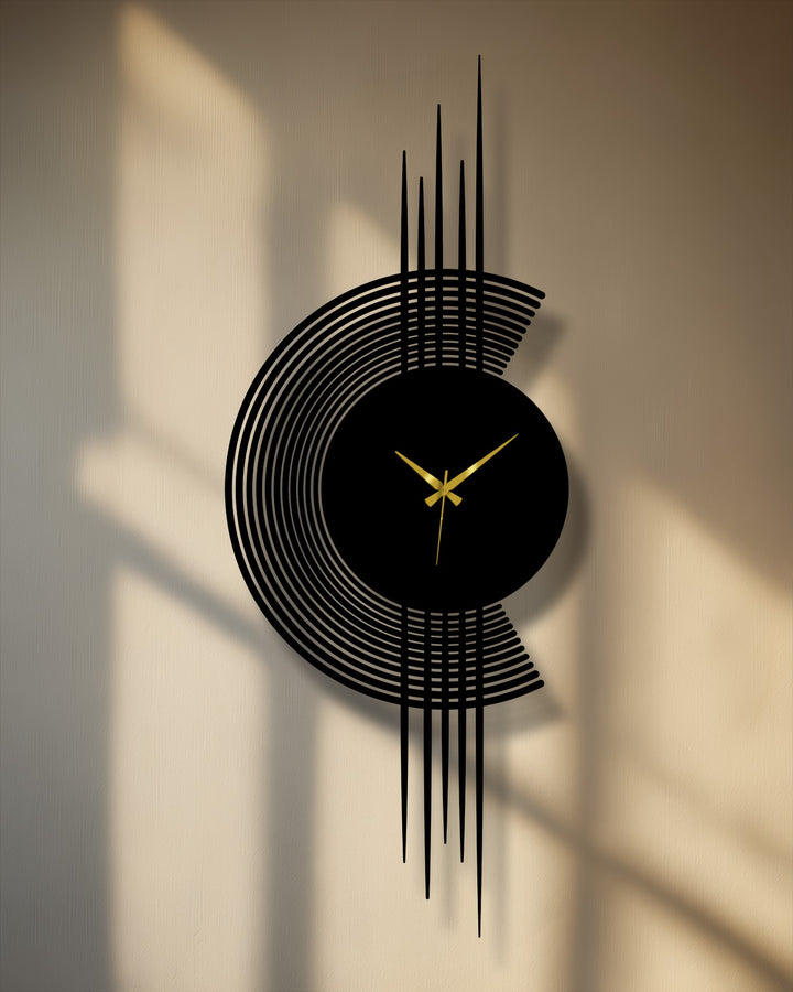 Depth and layers are created by the arc lines and vertical design of this modern metal artwork wall clock, adding visual interest to its minimalist style.