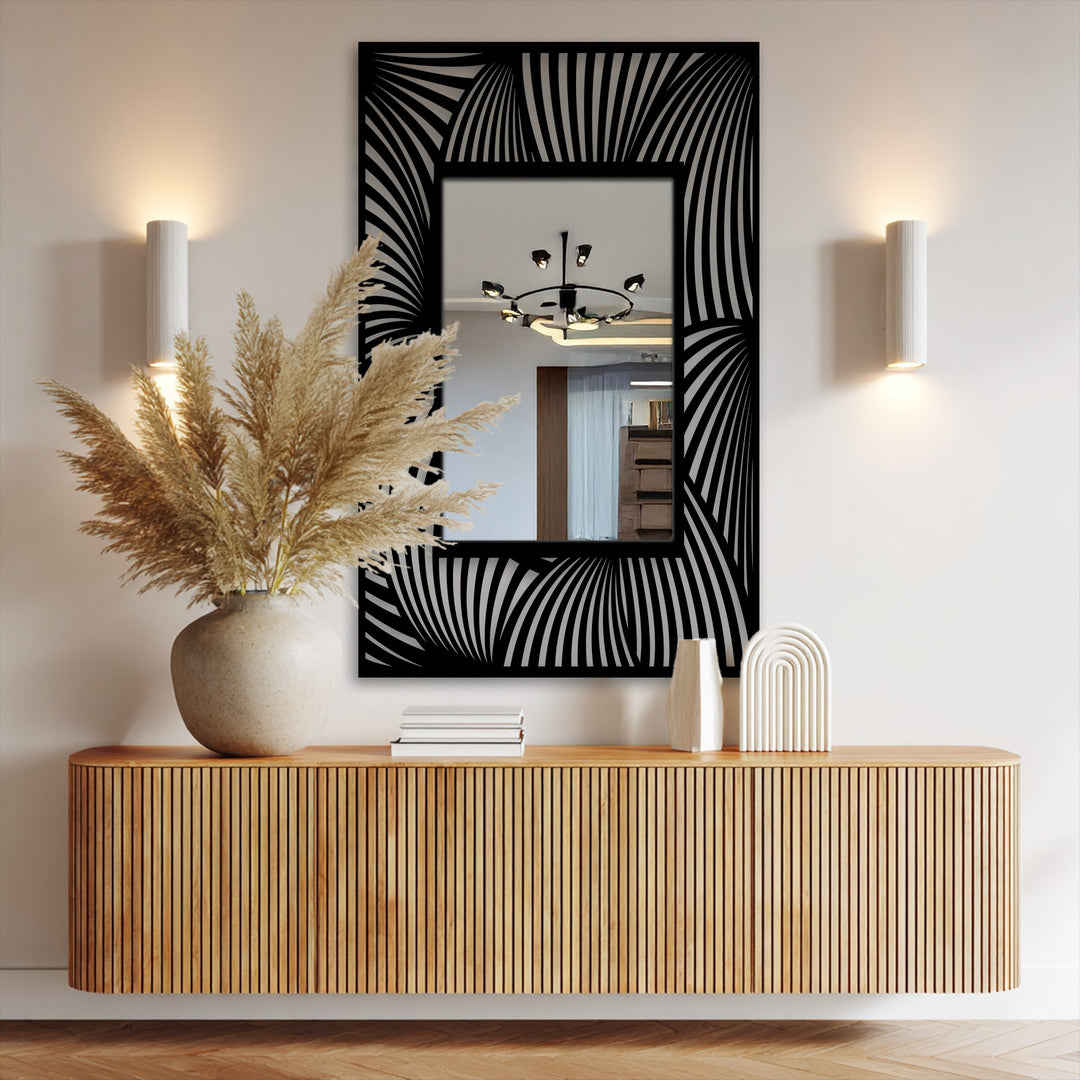 Geometric black wave lines create a striking decoration wall art pattern around this modern rectangular floor mirror, adding depth and an artistic touch.