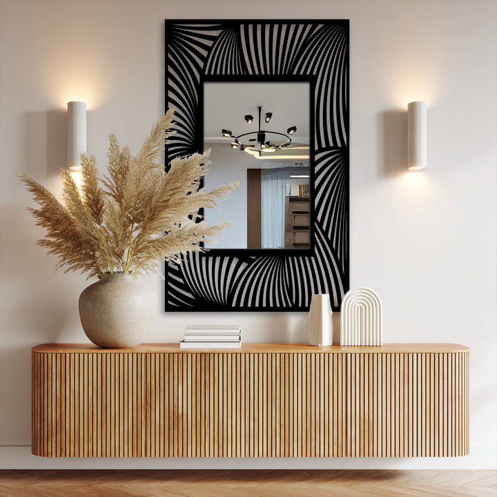 Geometric black wave lines create a striking decoration wall art pattern around this modern rectangular floor mirror, adding depth and an artistic touch.